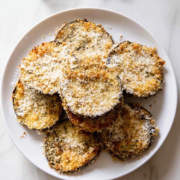 Close-up of baked Crispy Eggplant Parmesan Chips, showing their crunchy texture and golden, cheesy coating.
