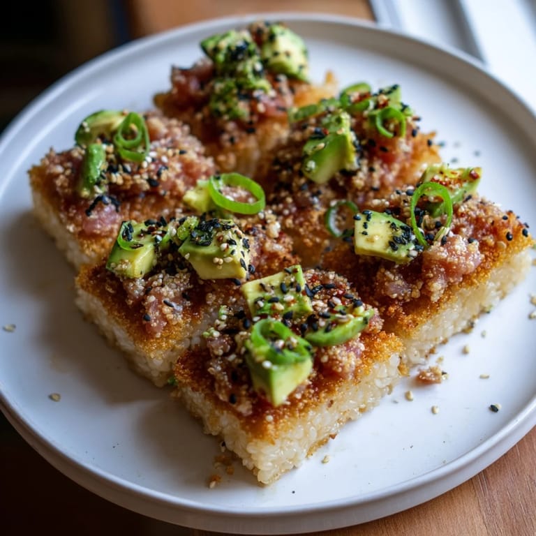 Beautifully plated spicy tuna crispy rice, with vibrant toppings: avocado, green onions, and sesame seeds.
