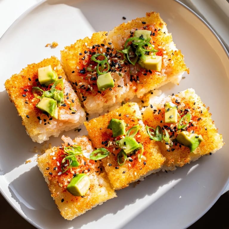 Close-up of fried spicy tuna crispy rice, a flavorful appetizer perfect for sharing with friends.