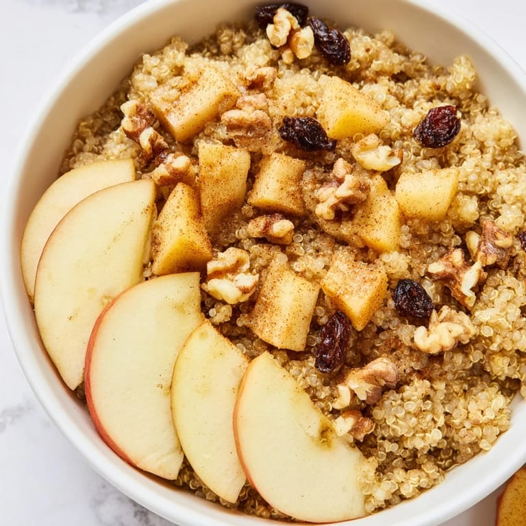 Enjoy the delicious blend of flavors in this inviting apple cinnamon quinoa bowl, served warm with toppings.