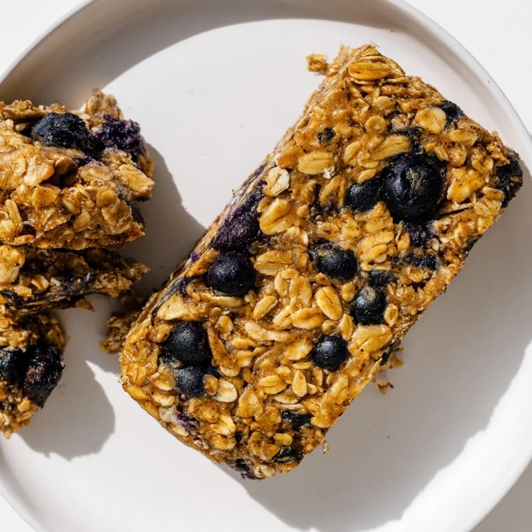 Freshly baked Blueberry Banana Oatmeal Protein Bars: a perfect grab-and-go breakfast treat.