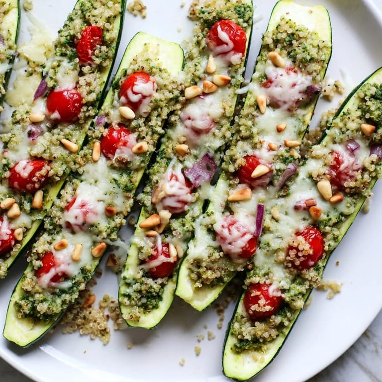 Golden, bubbly cheese tops the savory pesto and vegetable filling of these irresistible cheesy pesto zucchini boats.