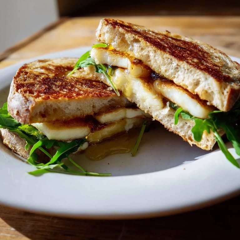 A close-up of a perfectly grilled Crispy Halloumi Grilled Cheese, a vegetarian delight, with melted cheese.