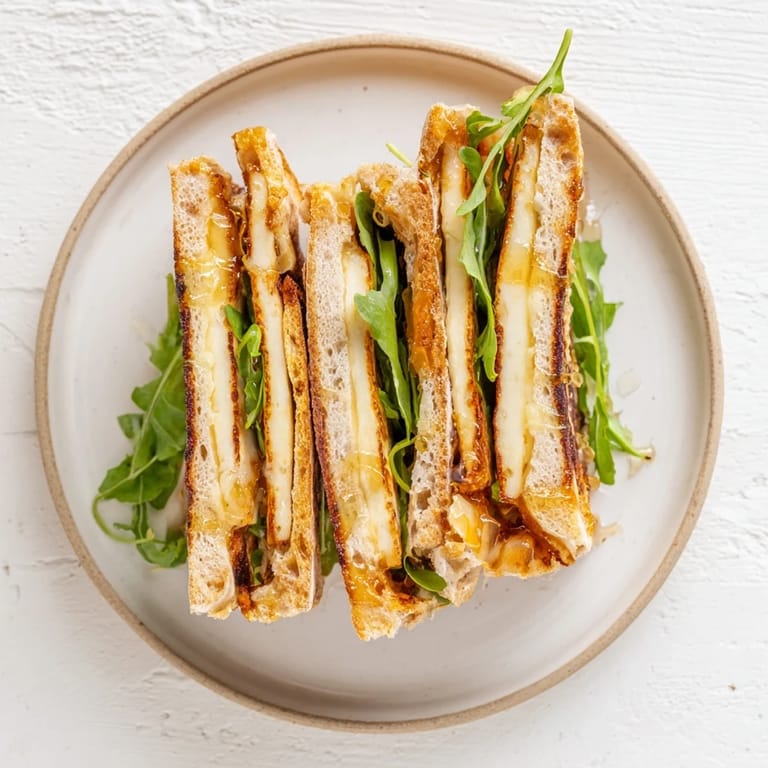 Enjoy the delicious textures: a toasted Crispy Halloumi Grilled Cheese, ready to serve with a simple side.
