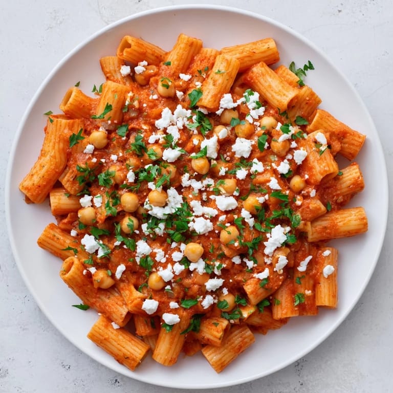 Steaming bowl of spicy harissa chickpea pasta, ready to serve with fresh herbs.