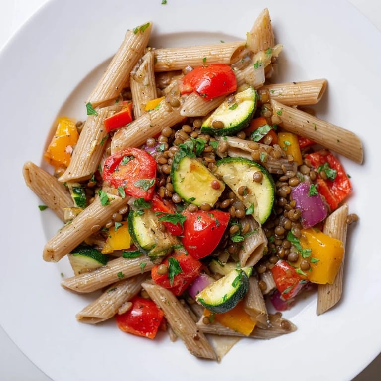 Vibrant Lentil Pasta with Vegetables, a Mediterranean delight, featuring tender, perfectly cooked penne pasta.