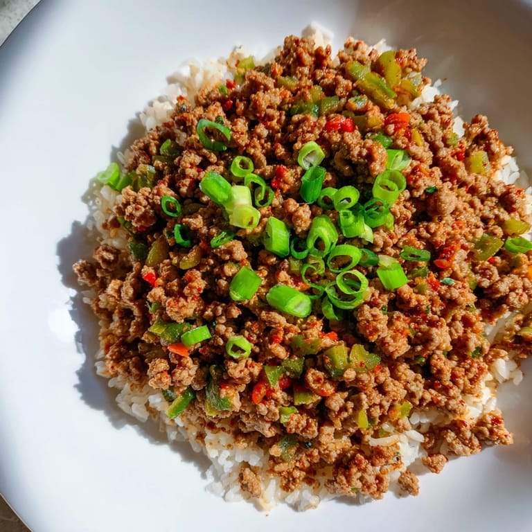 Close-up of savory Cajun Dirty Rice, a flavorful rice dish with colorful vegetables.