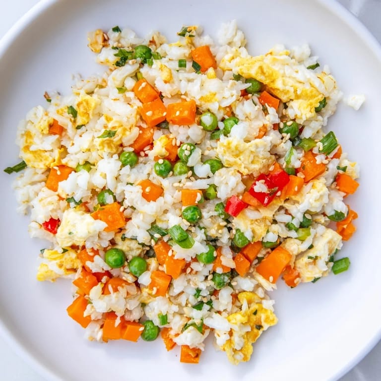 Savory soy-sauce-infused egg fried rice, garnished with green onions, ready to be served hot.