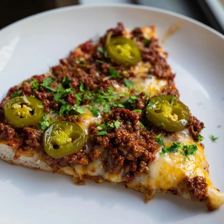 This homemade Spicy Ground Beef Pizza features a crispy crust and a sweet, spicy finish.