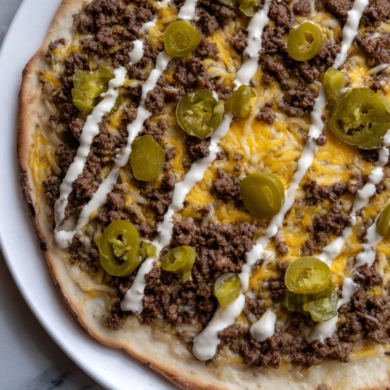 A close-up of a flavorful ground beef taco pizza with visible jalapeños, ready to serve.