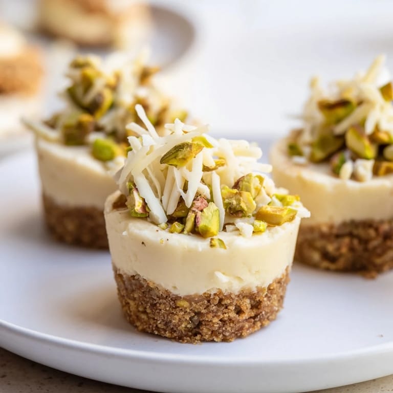 These mini Pistachio Cheesecake Bites have a rich, green filling on a golden, crumbly crust.