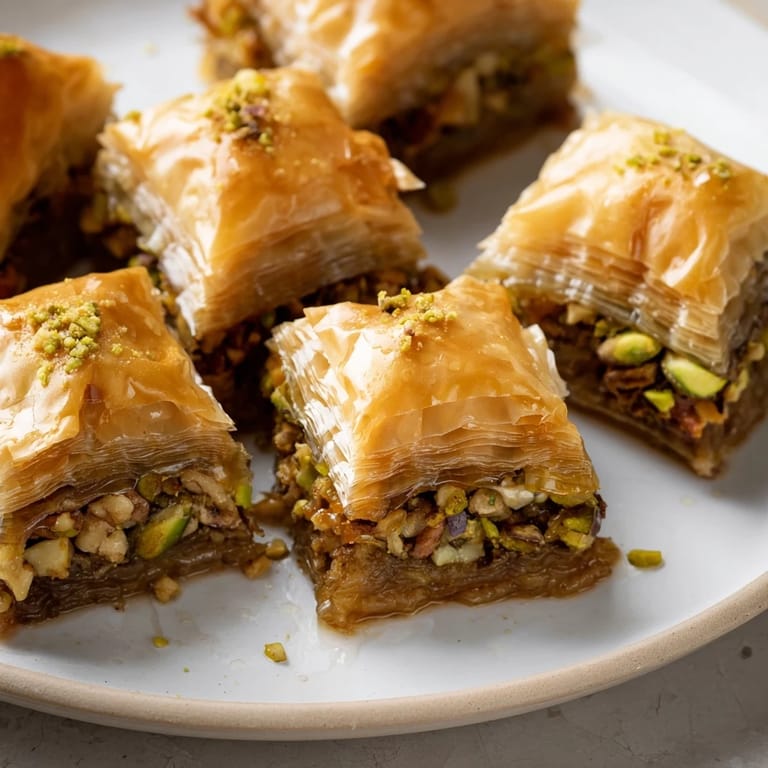 Close-up of baked Turkish baklava, featuring layers of phyllo, nuts, and drizzled honey.