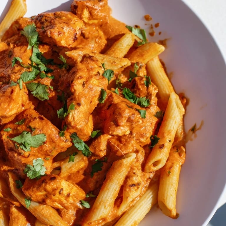 Close-up of Chicken Tikka Pasta with glowing red sauce, creamy swirls, and a side of garlic naan.