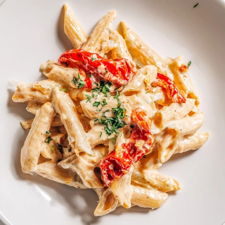 Diese vegetarische Creamy Cajun Pasta zeigt cremige Sauce über Pasta mit gerösteten Paprikastreifen.