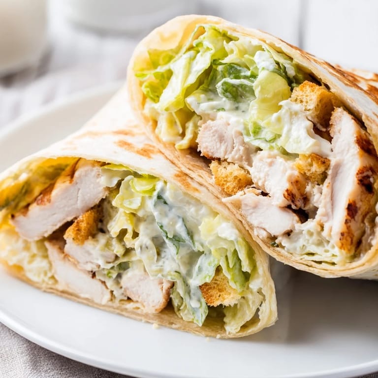 Ein saftiger Caesar Chicken Salad Wrap aus gegrilltem Hähnchen und frischem Römersalat, perfekt für ein schnelles Mittagessen.