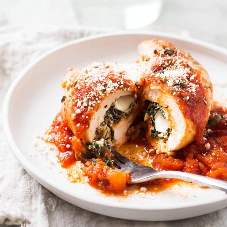 Juicy, oven-roasted Spinach Ricotta Stuffed Chicken topped with melted Parmesan and a spoonful of chunky tomato sauce, presented on a white ceramic plate for a delicious dinner.