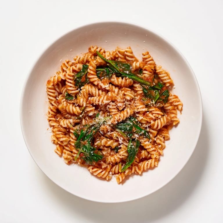 Ein Topf Tomato Spinach One-Pot Rotini wird mit cremigem Parmesan gerührt, garniert mit glasigem Spinat und würziger Oregano-Vinaigrette.  