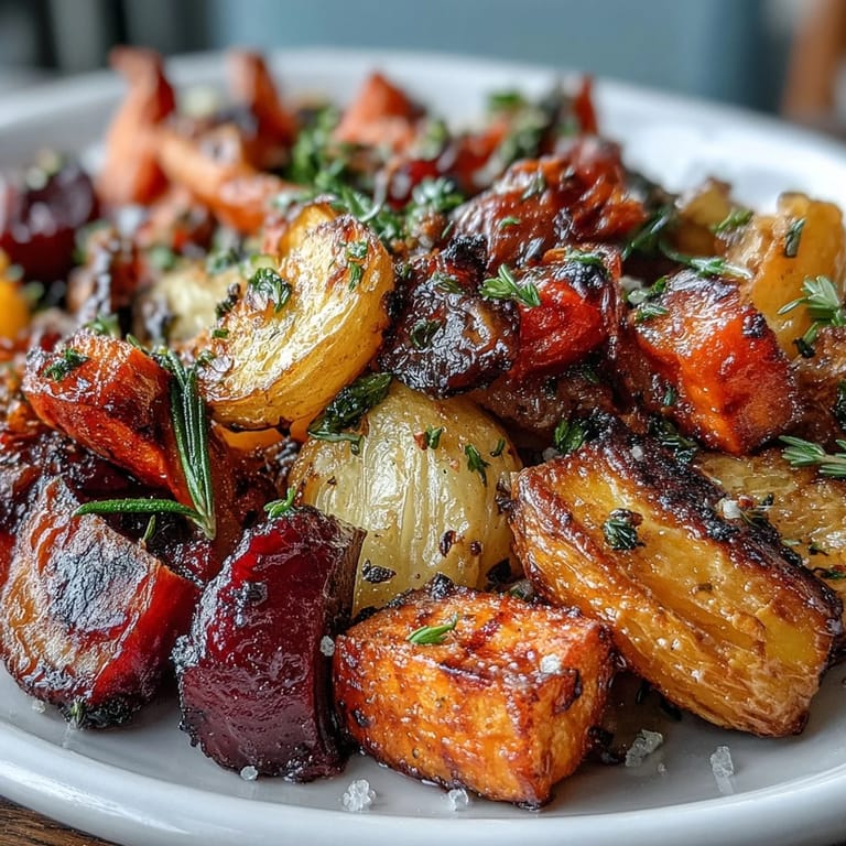 Buntes Medley aus geröstetem Wurzelgemüse, perfekt als Beilage oder Hauptgericht.