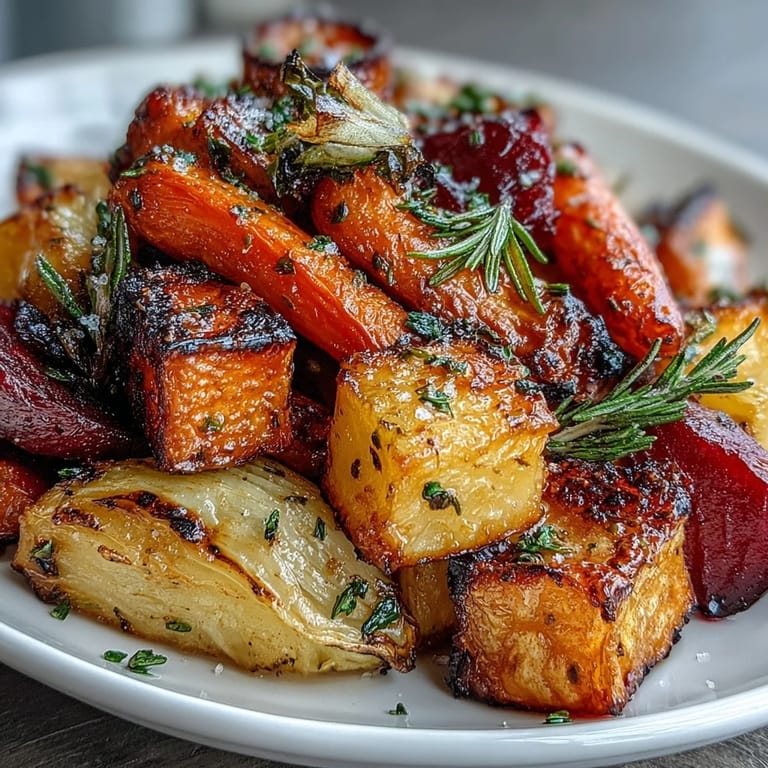 Herzhaftes geröstetes Wurzelgemüse-Medley, servierfertig und voller natürlicher Süße.
