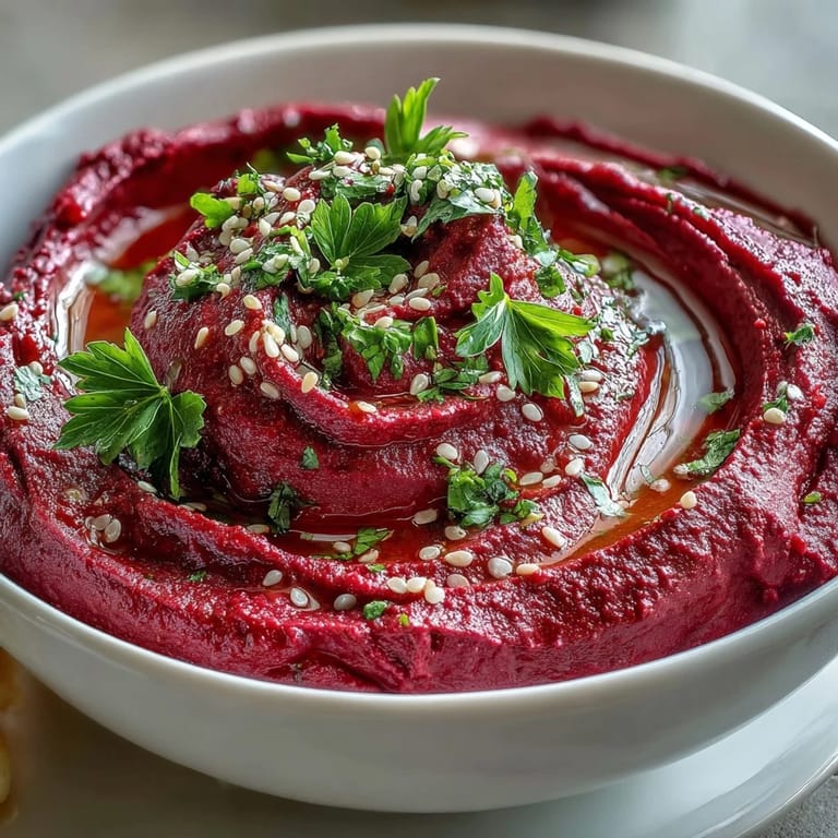 Earthy roasted beet hummus served with crunchy pita chips and colorful vegetable sticks for dipping.