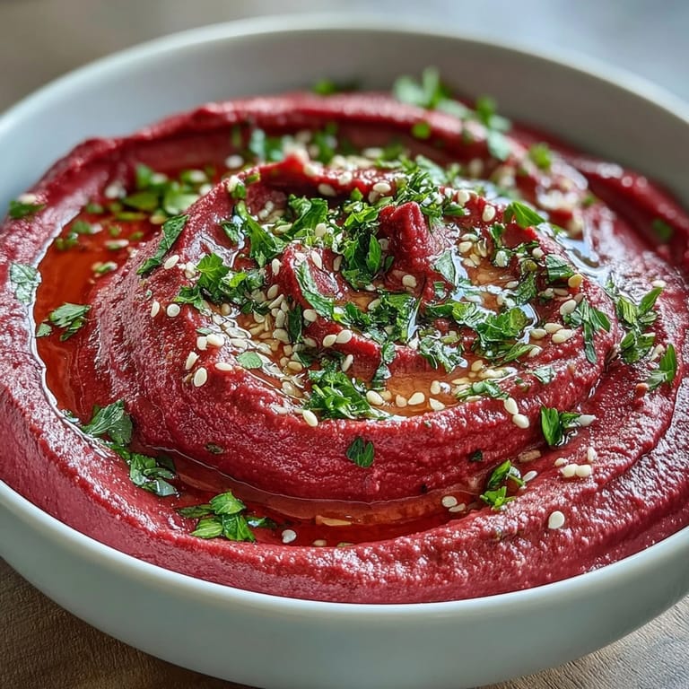 Vibrant, creamy Roasted Beet Hummus topped with sesame seeds and cumin, ready to spread on crackers.