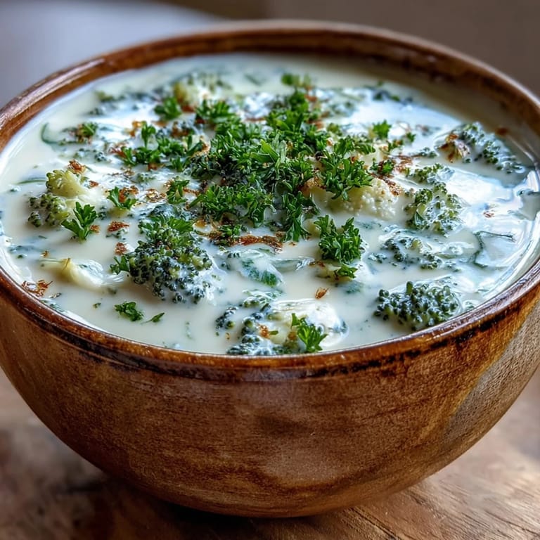 Steaming bowl of Creamy Vegetable Soup ladled from a pot with vibrant broccoli and carrots. 