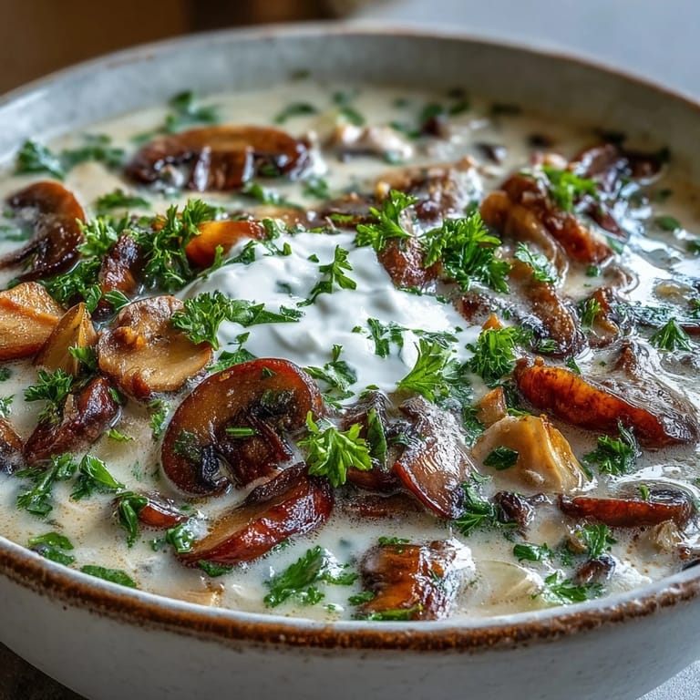 Geschmackvolle Pilz-Stroganoff-Suppe mit saftigen Pilzstücken und frischer Petersilie garniert