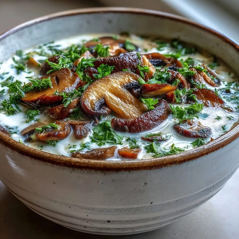 Heiße Stroganoff-Pilzsuppe serviert mit Brot und Sahne für den cozy Abend