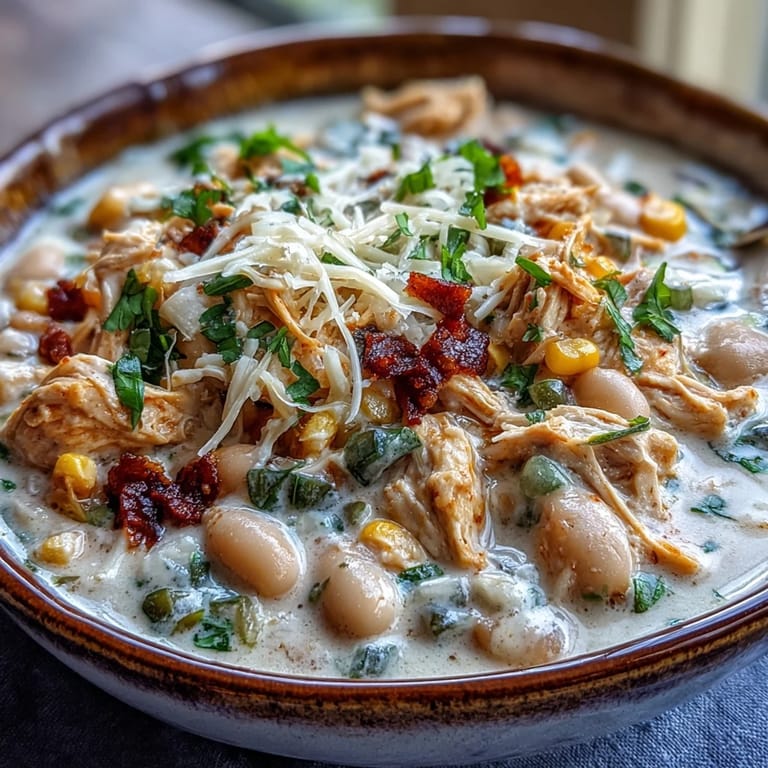 Cremiges White Chicken Chili mit Mais und Jalapeños, serviert mit frischen Limetten und Creme fraiche
