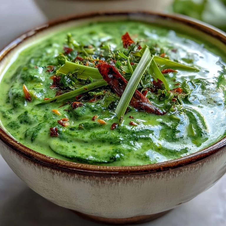 Cremig pürierte Spinach Coriander Lemongrass Soup mit Spinat und Lemongras, dekoriert mit rotem Chili und Koriander.