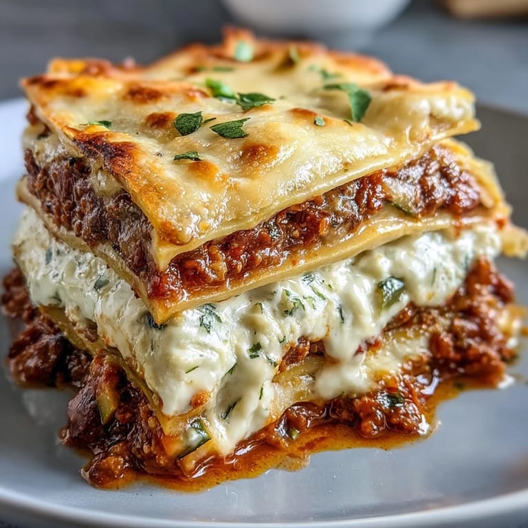 Layers of smoky vegetable lentil sauce and melted cheese in One-Pan Smoky Veggie Lentil Lasagne