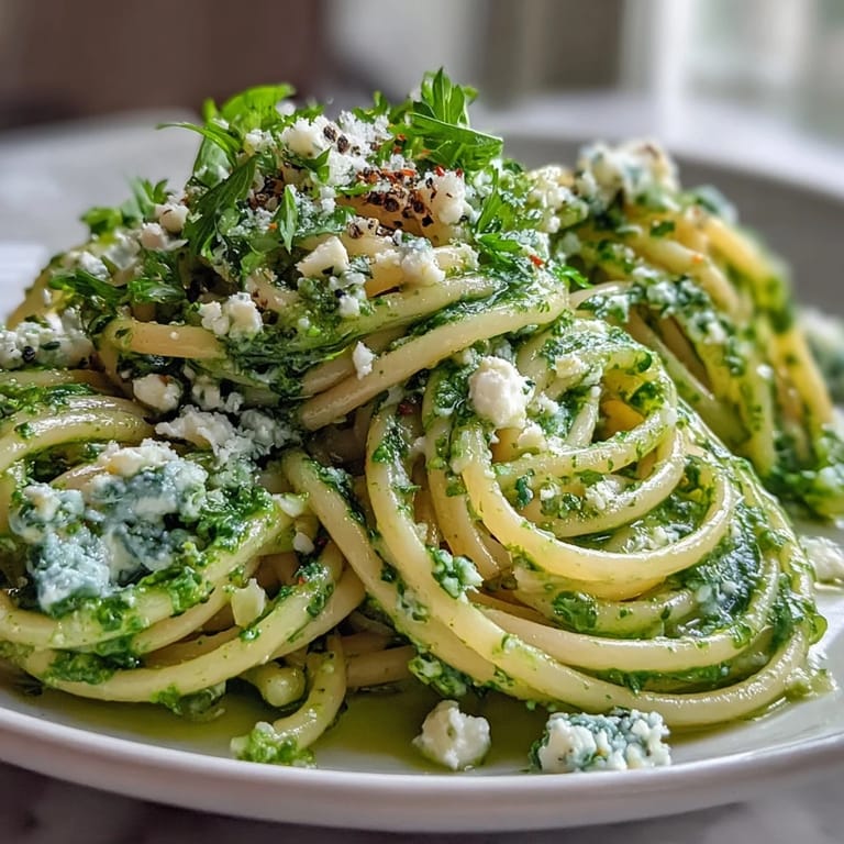 Heiße Linguine with Arugula Pesto cremig angerichtet, frisch gehackter Parmesan und Zitronenscheiben auf dem Tisch.