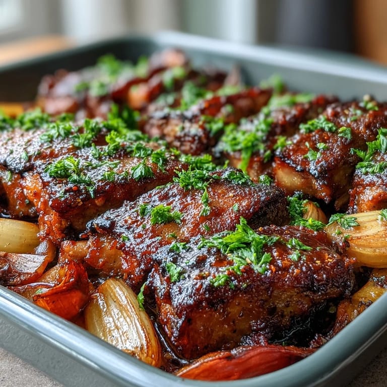 Gluten-Free Pork and Aromatic Rhubarb Traybake garnished with fresh parsley, served alongside roasted potatoes and salad.