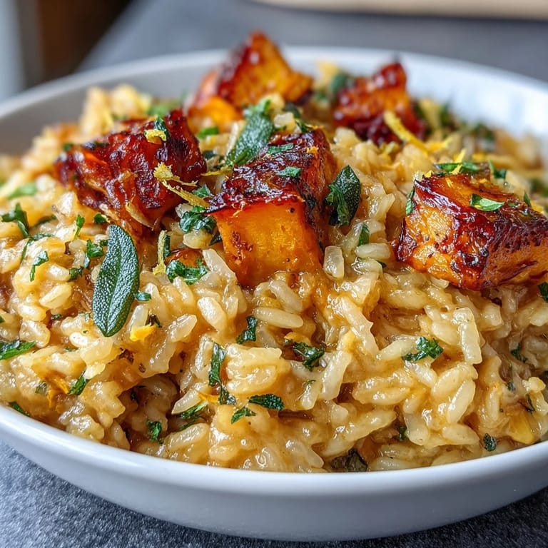 Vegan Pumpkin Risotto with arborio rice and aromatic crispy sage, served with a glass of white wine for autumn.