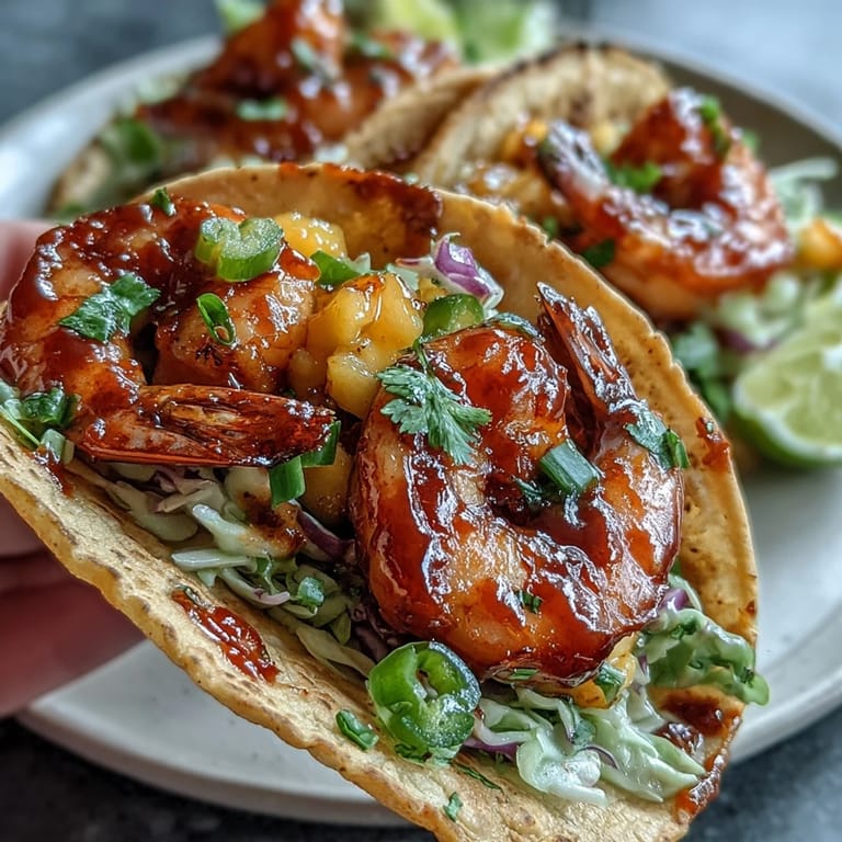 Warm corn tortillas filled with spicy shrimp tacos and vibrant mango salsa, ready to serve.
