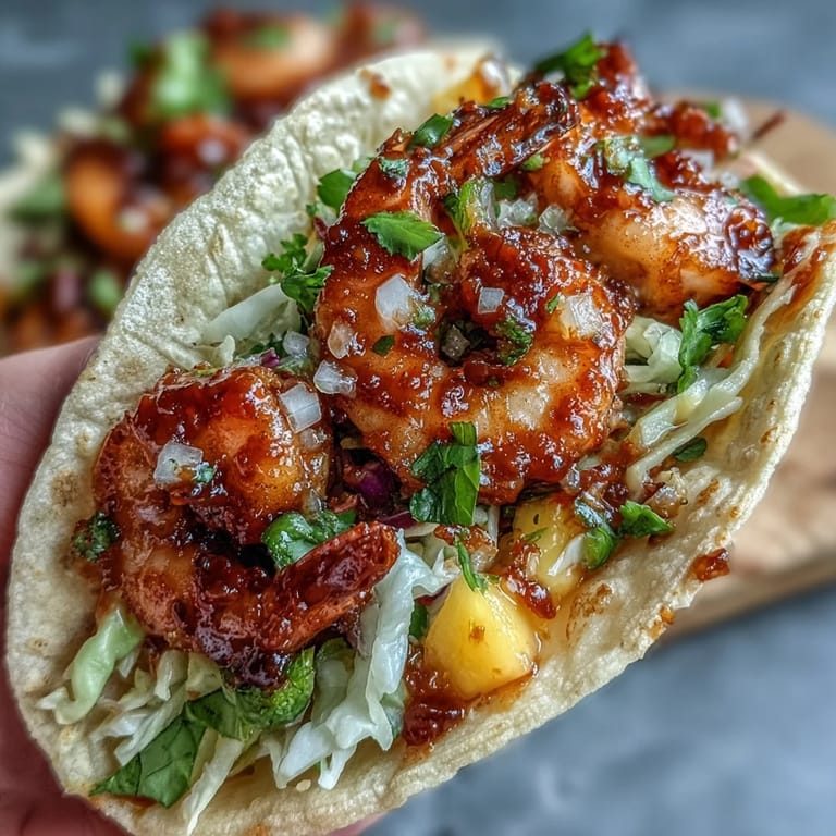 Juicy Sriracha Shrimp Tacos with Mango Salsa garnished with cilantro and fresh mango chunks.