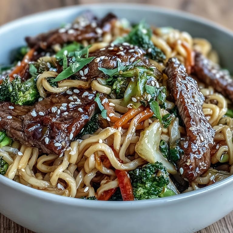 Frisch gekochte Korean Beef Noodles mit glasiertem Fleisch, buntem Gemüse und Sesam garniert auf Holzplatte.