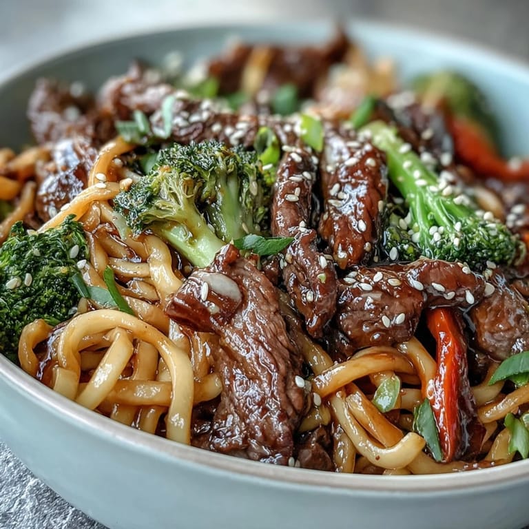 Wok-Gericht Korean Beef Noodles mit duftenden Nudeln, scharfer Soße und knackigen Karotten, bereit zum Servieren.