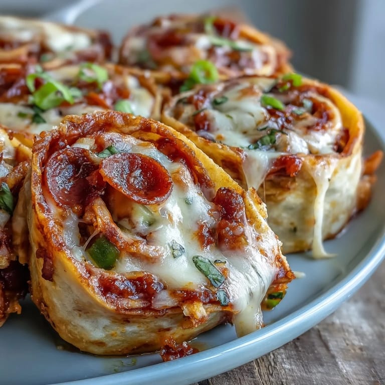 A plate of golden Tortilla Pizza Rolls cut into bites, revealing a gooey cheese pull and pepperoni filling.