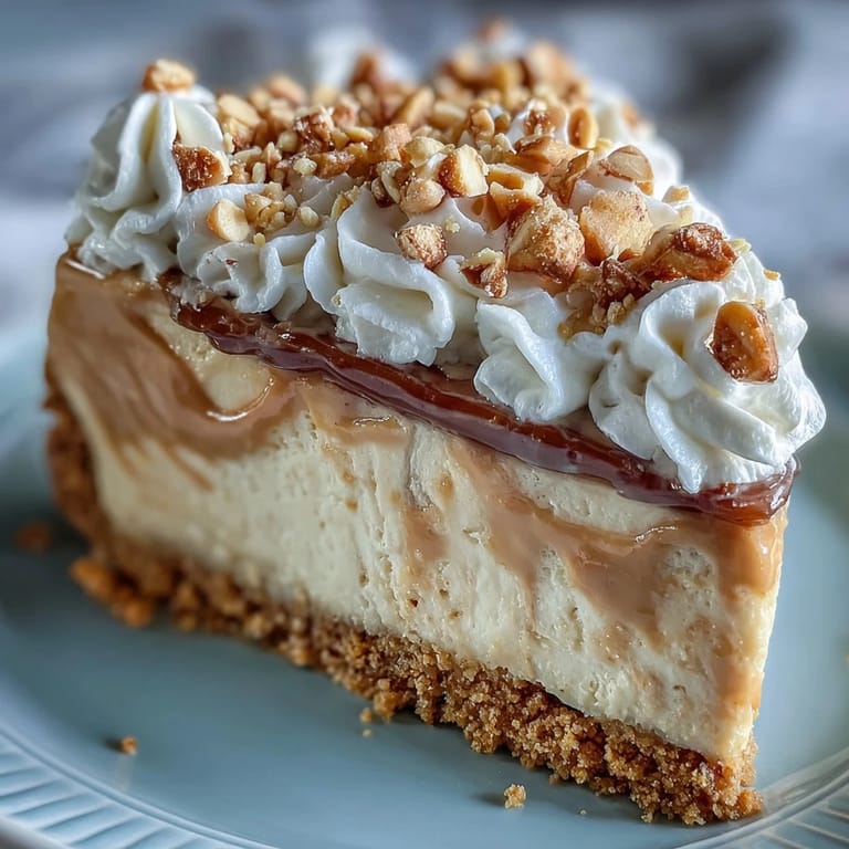 Ein Nutter Butter Cheesecake mit goldbraunem Kekskruste, weicher Erdnuss-Pudding-Füllung und einer Krone aus frisch aufgeschlagener Sahne auf einem Teller.