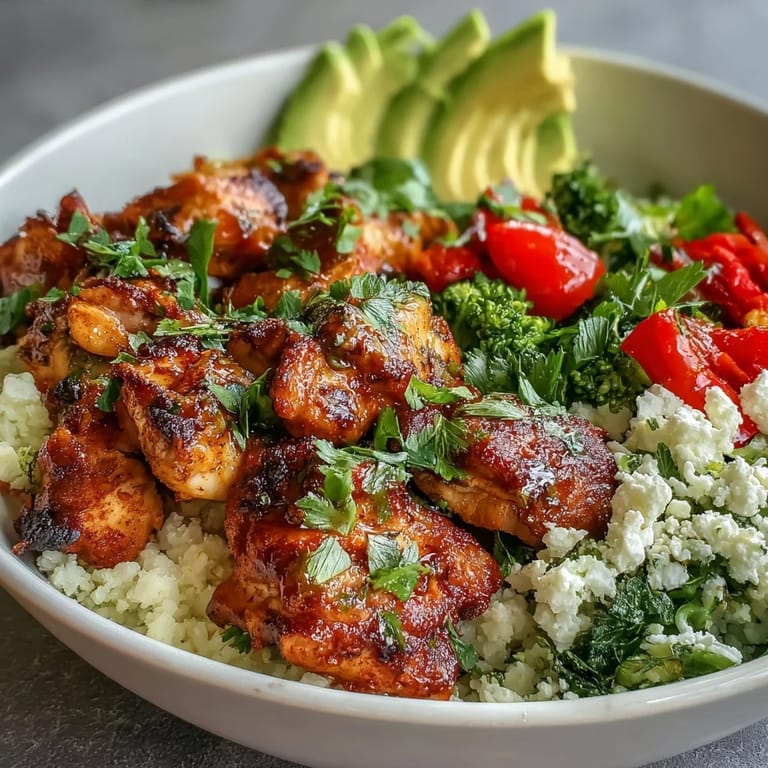 Dieses Cauliflower Rice Bowl stellt eine nährstoffreiche, kohlenhydratarme Mahlzeit aus Blumenkohlreis, Hähnchen und frischem Gemüse dar.
