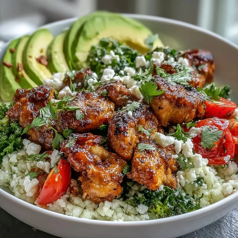 Ein voller Teller Cauliflower Rice Bowl mit gebratenem Hähnchen, buntem Gemüse und einem Hauch Zitronen-Sauce.