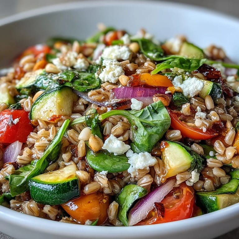 Healthy Farro Pasta Bowl recipe featuring roasted vegetables and zesty olive oil dressing for lunch.