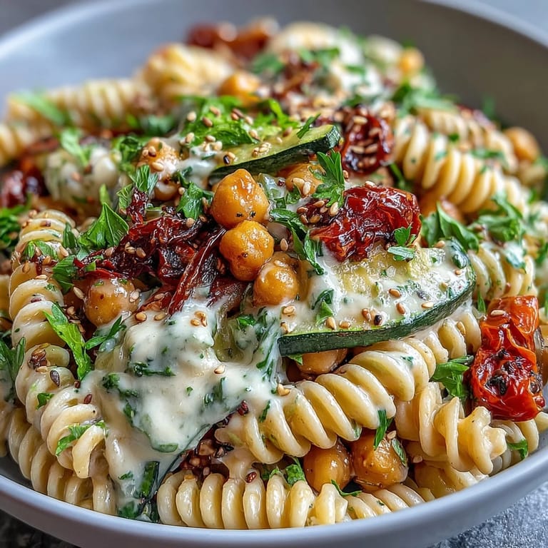 Der nahrhafte Chickpea Pasta Bowl präsentiert sich mit goldbraunen Zucchini und Paprika, übergossen mit würziger Sesamsauce.