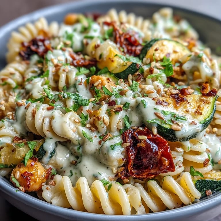 Serviert im Chickpea Pasta Bowl, leuchten Cherrytomaten und Ringe aus roter Zwiebel auf, bestreut mit gerösteten Sesamkernen.