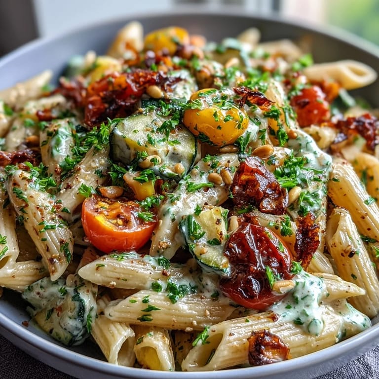 Dieses Whole Wheat Pasta Bowl zeigt goldbraune Penne mit bunten Paprikastreifen und Tomatenhalben in einer samtigen weißen Sauce.