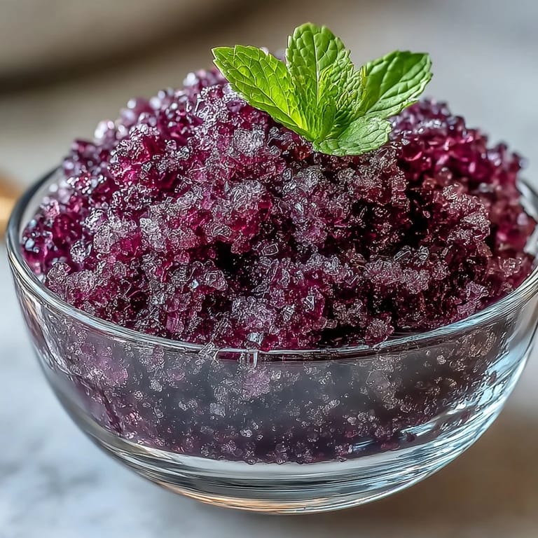 Geschmeidige Black Currant Granita in gläsernen Tassen, perfekt für sommerliche Dessert-Pausen.