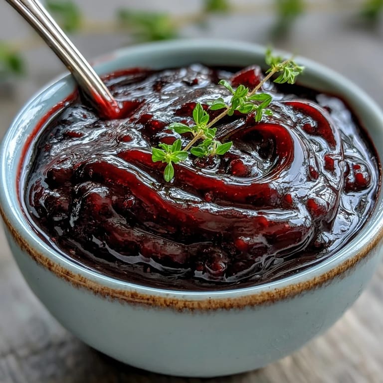 Deep purple black currant reduction simmered with thyme and red wine, glossy sauce pooling around grilled pork chops.