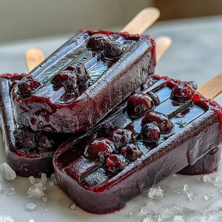 Sweet-tart black currant popsicles resting on ice, offering a cooling, fruity dessert with visible berries.