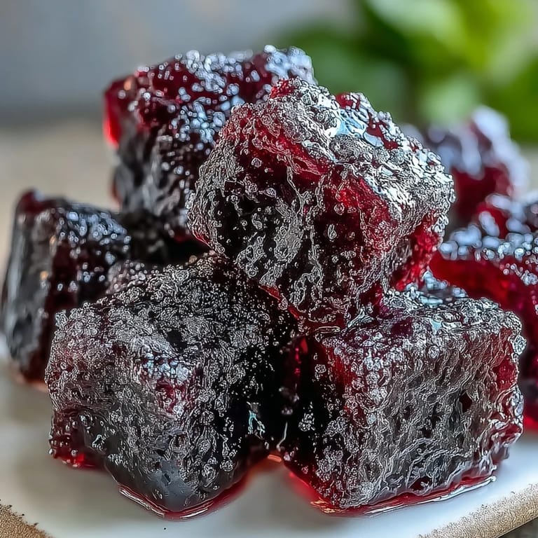Homemade Black Currant Gummies piled in a clear glass jar, lightly dusted with sugar for a sweet finish.  